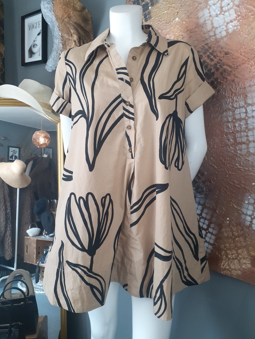 Anthropologie Cotton Beige Floral Print Short Sleeve Shirt Dress